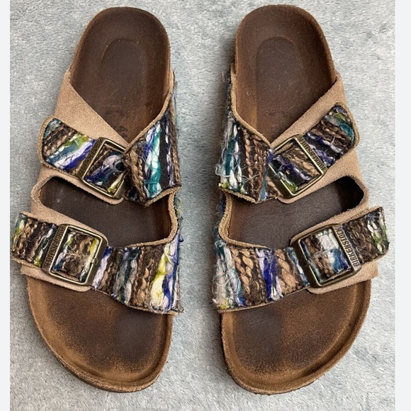 RARE BIRKENSTOCK  Size 41 U.S. Women's 10 Men's 8 Taupe Arizona Boho Yarn Multi - Picture 1 of 17
